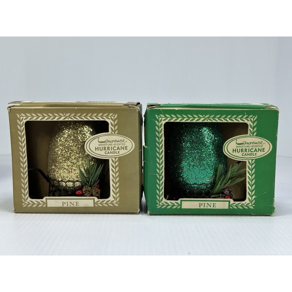 2 Vintage Christmas Laurence Miniature Pine Hurricane Candle Boxed Gold Green
